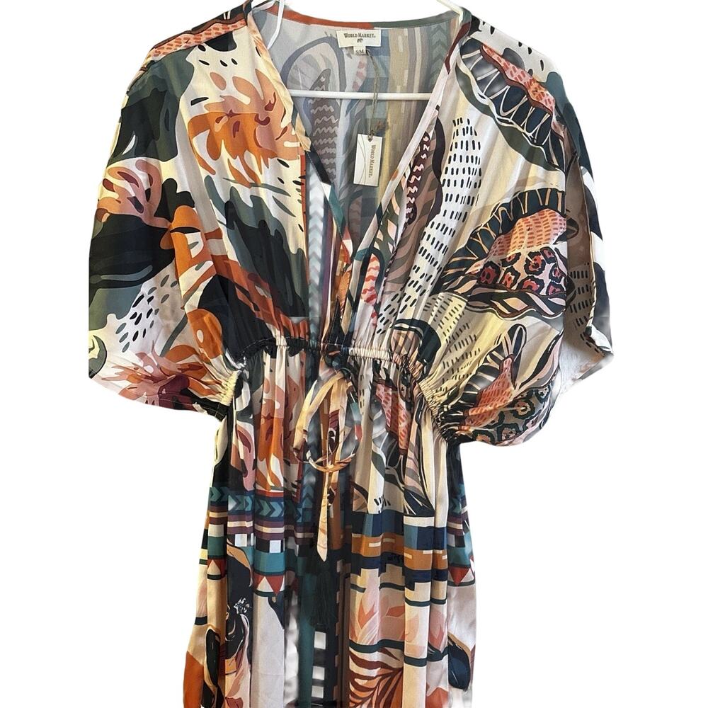 World Market Maxi Kaftan Dress S/M Floral Kimono Boho Festival Cover Up Tropical